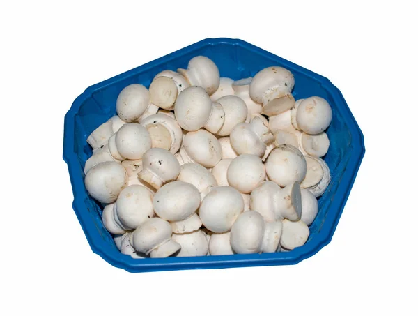 Vereinzelte Kleine Champignon Pilze Einem Plastikbehälter Auf Weißem Hintergrund — Stockfoto
