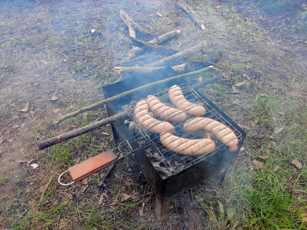 Cuisine Barbecue Concept Alimentaire Gros Plan Des Saucisses Viande Frite — Photo