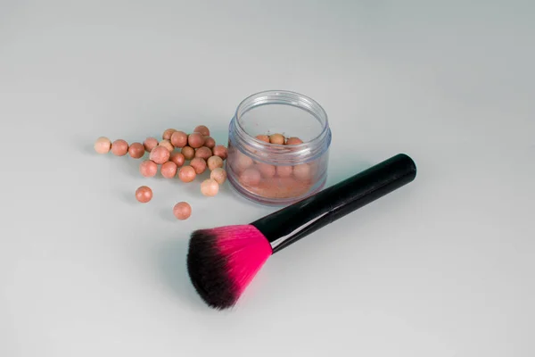 Makeup Skönhet Kosmetika Verktyg Ansiktsprodukt Dekorativ Brun Och Rosa Rouge — Stockfoto