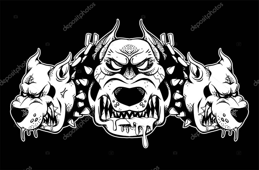 Three headed Cerberus dog that shows their big teeth and growls. Black white design illustration modern vector style character for print isolated white background.