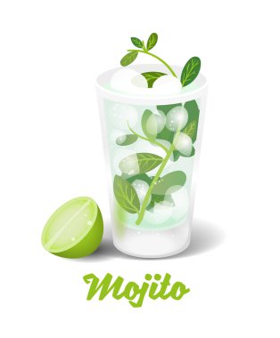 Taze buz alkollü içki bar kokteyller donmuş Mojito Küba klasik ROM kireç suyu tozu kahverengi şeker kamışı taze nane ve buz ile yaptı. Modern vektör stil illüstrasyon izole beyaz arka plan