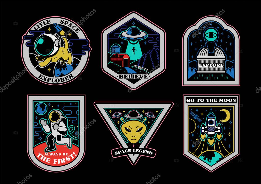 Monochrome graphic vintage set icons patches stickers pins on topic space explore alien ufo spaceship mars astronaut. Modern vector mascot logo trendy print for clothes t shirt sweatshirt poster kids