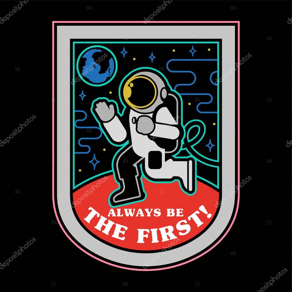 Monochrome Patch icon sticker pin first landing human on planet mars from earth free space. Space colonization discover mission. Vintage print t shirt poster illustration cartoon character design.