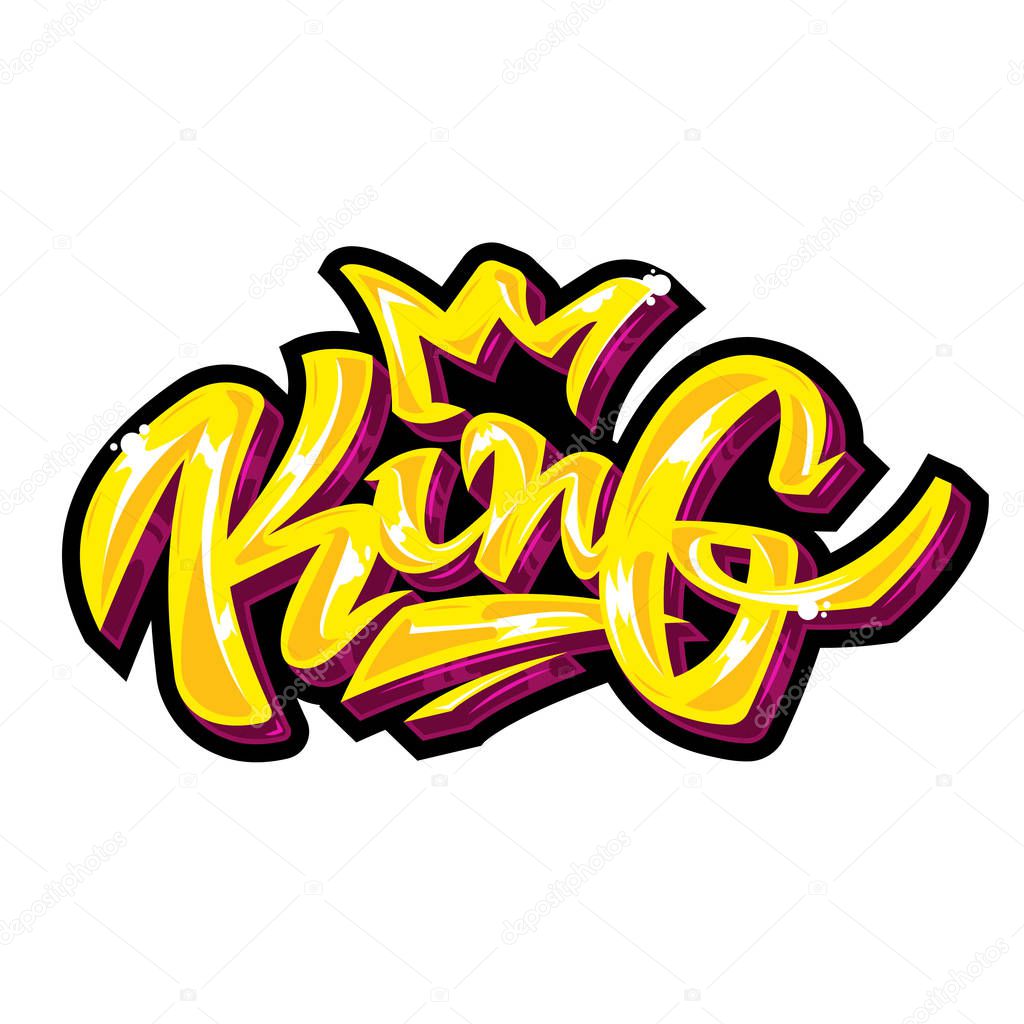 Modern Vector design of lettering the color of gold with shine. Rich style graffiti inscription King with crown for print of t shirt poster banner clothes accessories. Isolated 2d game icon for winner