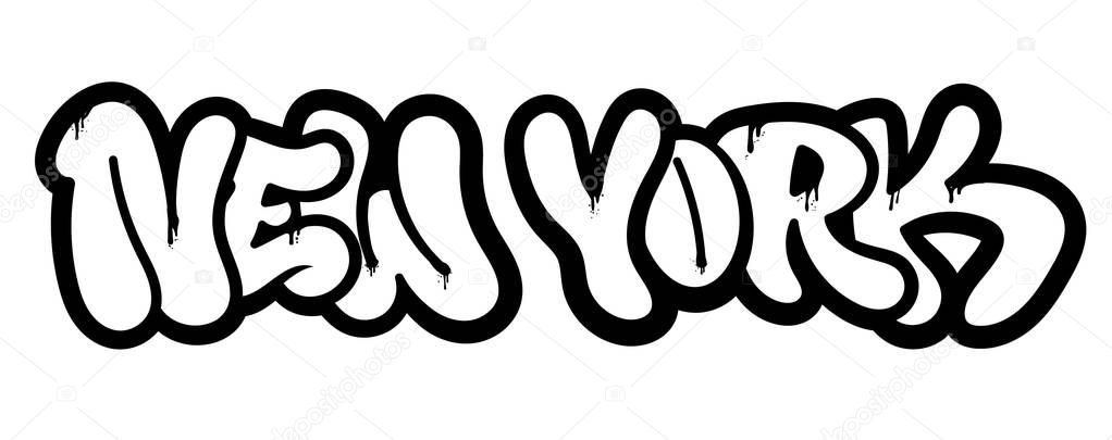 Decorative souvenir vandal lettering with famous city New york in Graffiti bombing style on wall using aerosol spray paint Street style type lettering for poster cover print clothes pin patch sticker.