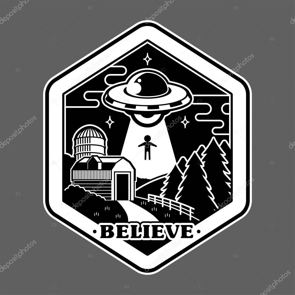 Monochrome graphic of vintage sticker patch pin print for clothes t shirt poster with UFO of alien invaders from space above farm countryside conspiracy story. Cartoon illustration logo design.