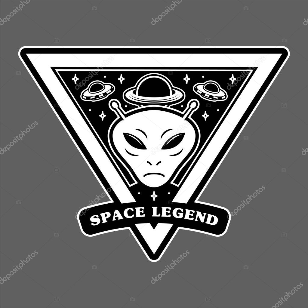 Monochrome vintage patch icon sticker pin with alien invaders Martian and big planet and UFO space legend. clothes print t shirt sweatshirt poster mascot logo illustration cartoon character design.