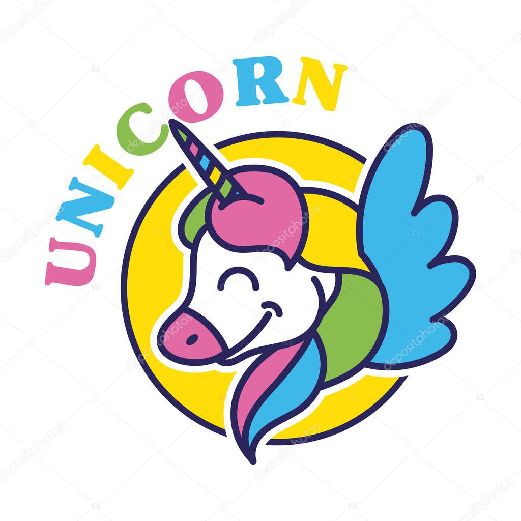 Cute smile colorful unicorn with wings like rainbow for kids print sticker t shirt sweatshirt poster for trendy accessories. Modern vector style illustration mascot logo.
