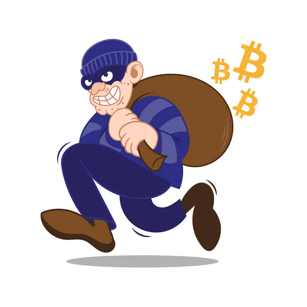 Cartoon gefährlichen kriminellen hinterlistigen Dieb Hacker mit dunkler Maske laufen Big Bag gestohlen Kryptowährung Bitcoin. Betrug bei der Internetfinanzierung. moderne Vektor-Stil Illustration flaches Design. — Stockillustration Bitcoin-Dieb — Stockvektor