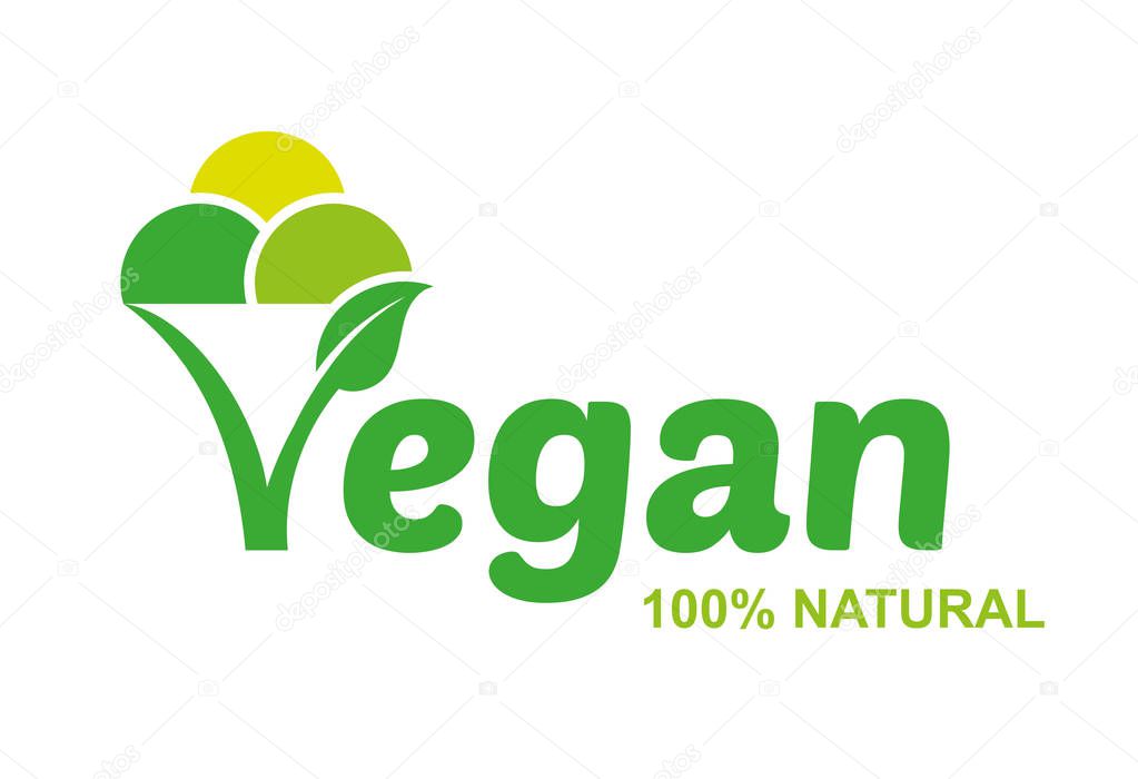Vegan healthy ice cream logo emblem icon vector design. Green logo isolated white background. Fresh light eco vegetarian 100 natural raw vegan eat clean earth vegetable organic. graphic leafs.