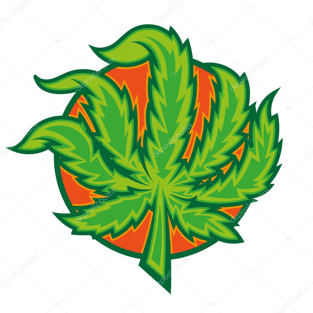 Icon mascot logo Cartoon green leaf of marijuana on orange background. Modern vector illustration flat design for print poster clothes sticker patch pin.