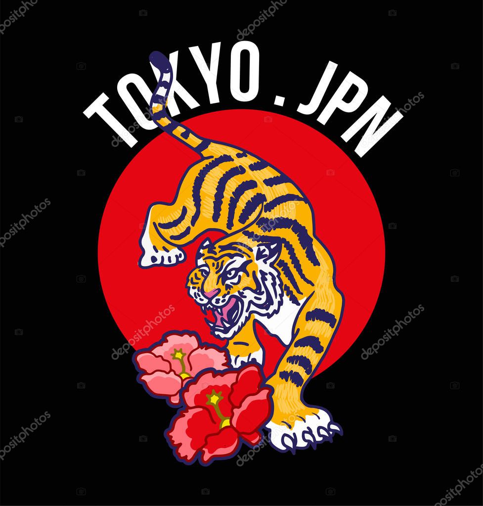 Angry wild Japan tiger on background red circle and with lettering 
