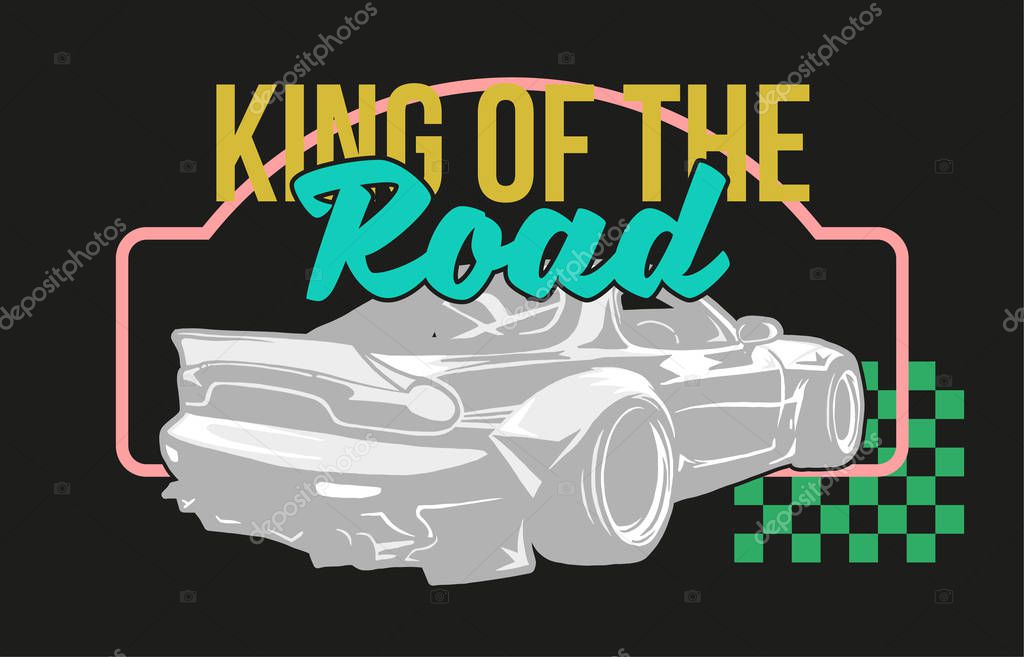 Trendy design fashion graphic print for t shirt clothes with silver fast sports cars for speed rally race with phrase 