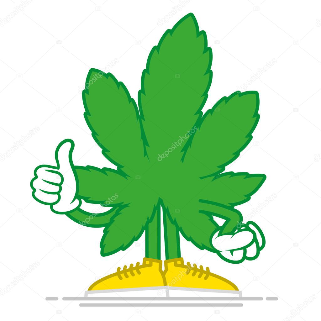 One green cute energy drug nature weed medical cannabis leaf of marijuana which confidently stand and show a finger up. Modern vector style cartoon character illustration flat design. Mascot logo icon
