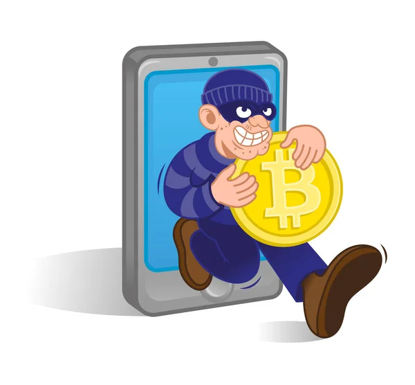Cartoon gefährliche kriminelle Dieb Hacker mit dunkler Maske laufen mit großen Gold-Kryptowährung Bitcoin aus dem Smartphone. Betrug bei der Internetfinanzierung. moderne Vektor Charakter Illustration flaches Design. — Stockillustration Bitcoin-Dieb flüchtet — Stockvektor