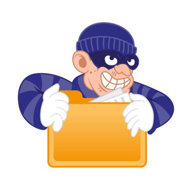 Çizgi film tehlikeli suçlu hırsız hacker virüs karanlık maskesi çalıntı büyük bilgisayar veya mobil klasörü kişisel veri ile giyinmiş. Internet kesmek dolandırıcılığı. Modern vektör karakter illüstrasyon düz tasarımı.