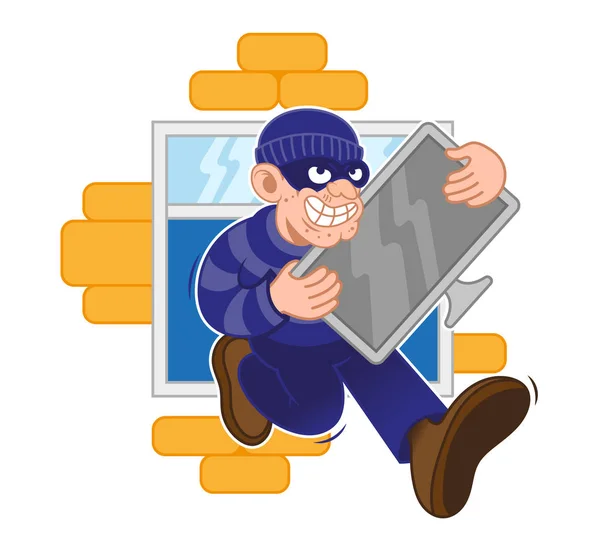 Mit einem großen gestohlenen Plasma-Fernseher in der Hand rannte der mit dunkler Maske bekleidete Dieb schnell aus dem Fenster des Hauses. moderne Vektor-Stil Charakter Illustration flaches Design. — Stockillustration Krimineller Denunziant — Stockvektor