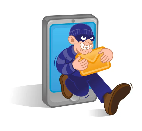 Cartoon gefährliche kriminelle Dieb Hacker mit dunkler Maske laufen mit Brief von Computer oder mobile E-Mail vom Smartphone. Internet Hacking Betrug moderner Vektor Charakter Illustration flaches Design — Stockillustration Date-Dieb — Stockvektor