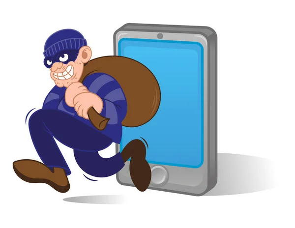 Cartoon-Figur gefährliche kriminelle Dieb Hacker mit dunkler Maske läuft mit Big Bag gestohlenen persönlichen Datum mit Smartphone. Internet-Hackerbetrug. moderne Vektor-Stil Illustration flaches Design. — Stockillustration Date-Dieb — Stockvektor