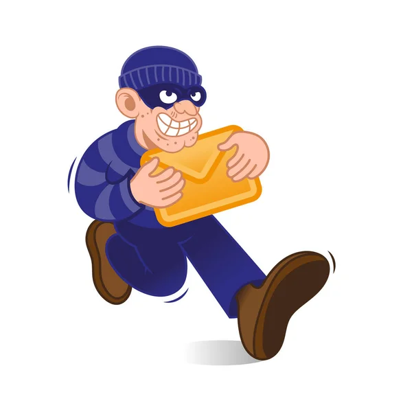 Cartoon gefährliche kriminelle Dieb Hacker mit dunkler Maske laufen mit gestohlenen Brief-E-Mails von Computer oder Smartphone. Internet Hacking Betrug moderner Vektor Charakter Illustration flaches Design — Stockillustration Date-Dieb — Stockvektor