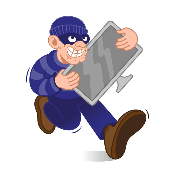 Cartoon gefährliche kriminelle Dieb mit dunkler Maske schnell weglaufen mit großen gestohlenen Plasma-TV in den Händen. moderne Vektor-Stil Charakter Illustration flaches Design. isolierter weißer Hintergrund. — Stockillustration Krimineller Ideenlauf — Stockvektor