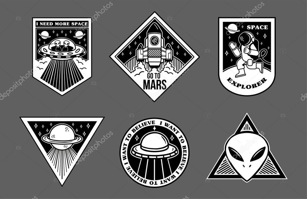 Black white set icons with different patches stickers on topic space explore alien ufo spaceship mars astronaut. Modern vector style mascot logo trendy print for clothes t shirt sweatshirt poster.
