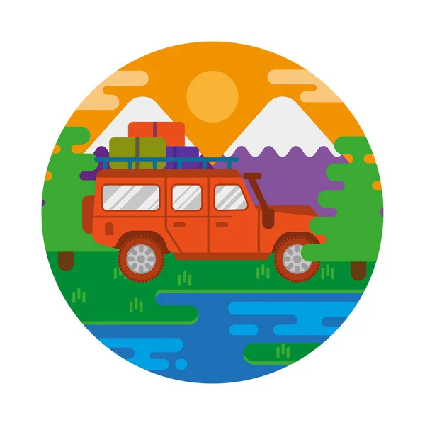 Big good orange safari car auto truck SUV for traveling, travel, family trip on mountains, woods, river, lake, natural holiday, camping outdoor. Modern vector style illustration icon flat design.
