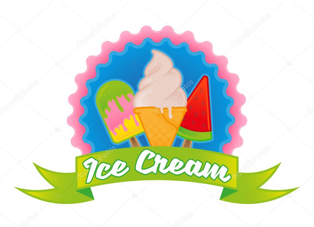 Cute vintage logo with different kinds sweet ice cream with different shape color and taste for street food business or cafe bar sticker poster print patch Modern vector style illustration flat design