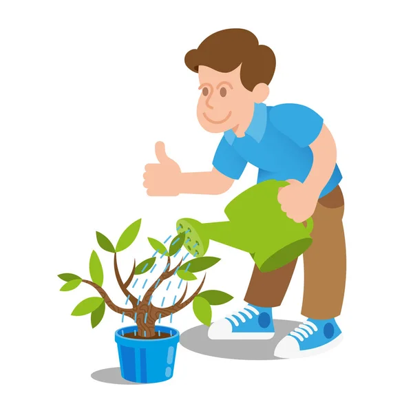 Gelukkig Jonge Glimlach Man Welke Drenken Kleine Groene Boom Bonsai — Stockvector