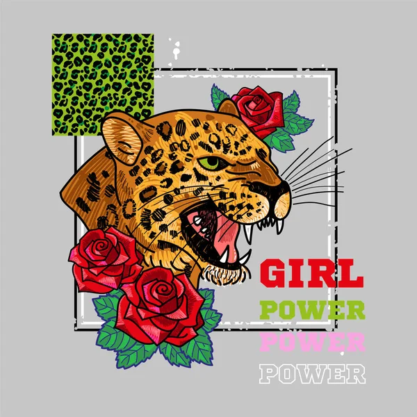 Impression de puissance fille avec tête de léopard — Image vectorielle