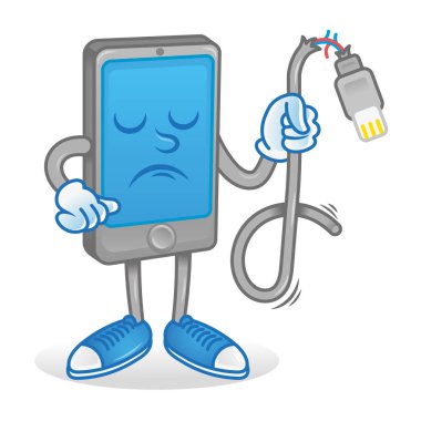 Simge kızgın smartphone tablet telefon başparmak aşağı göstermek ve kırık değil orijinal usb şarj kablosu enerji için tutun. Onarım Servisi yardıma ihtiyacım var. Modern illüstrasyon düz tasarım maskot çizgi film karakteri.