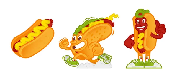 Set Ikone Süßes Lächeln Cartoon Charakter Amerikanischen Hot Dog Die — Stockvektor