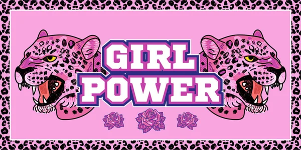 Stampa girl power con leopardo rosa — Vettoriale Stock