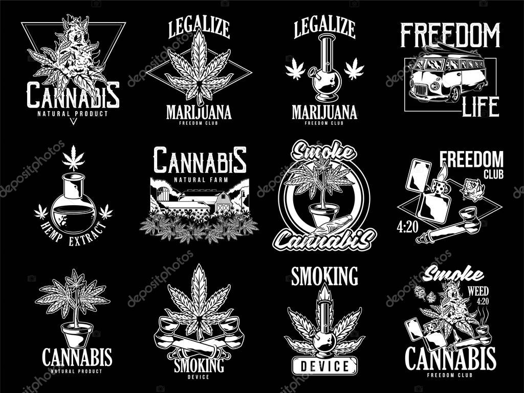 Vintage graphic set green cannabis marijuana hemp medical weed device joint for smoking old school car graphic design print t shirt sweatshirt banner phrases for embroidery on clothes illustration.