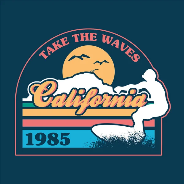 Surfista Paseo Gran Ola Océano California Playa Paraíso Lugar Vintage — Vector de stock