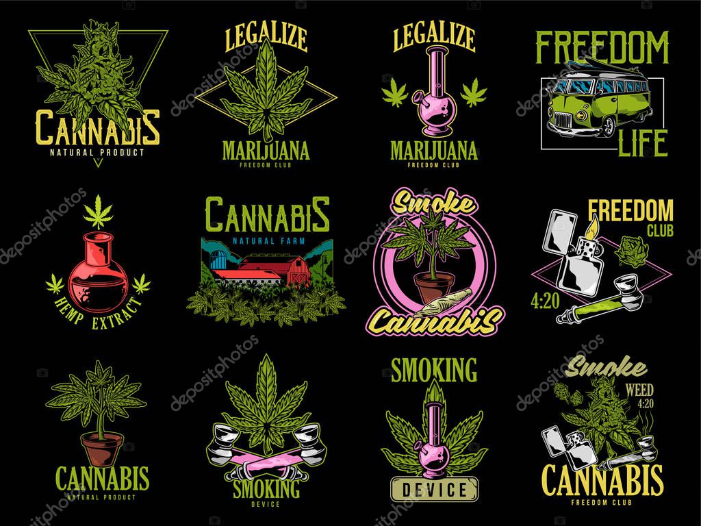 Vintage graphic set green cannabis marijuana hemp medical weed device joint for smoking old school car graphic design print t shirt sweatshirt banner phrases for embroidery on clothes illustration.