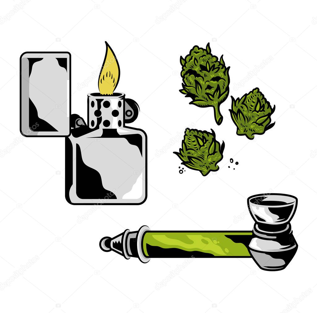 Set Cannabis elements devices for smoking marijuana leaves of weed hemp lighter smoking tube with hemp. Vintage drawing of natural cannabis Illustration for poster sticker patch logo print t shirt.