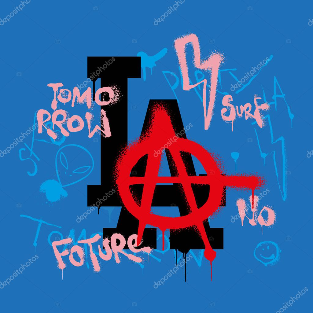 Fashion design print on clothes t shirt sweatshirt sticker poster textile With destroyed logo LA in different punk style doodle and big a symbol of anarchy. Street wear brand for young free people.