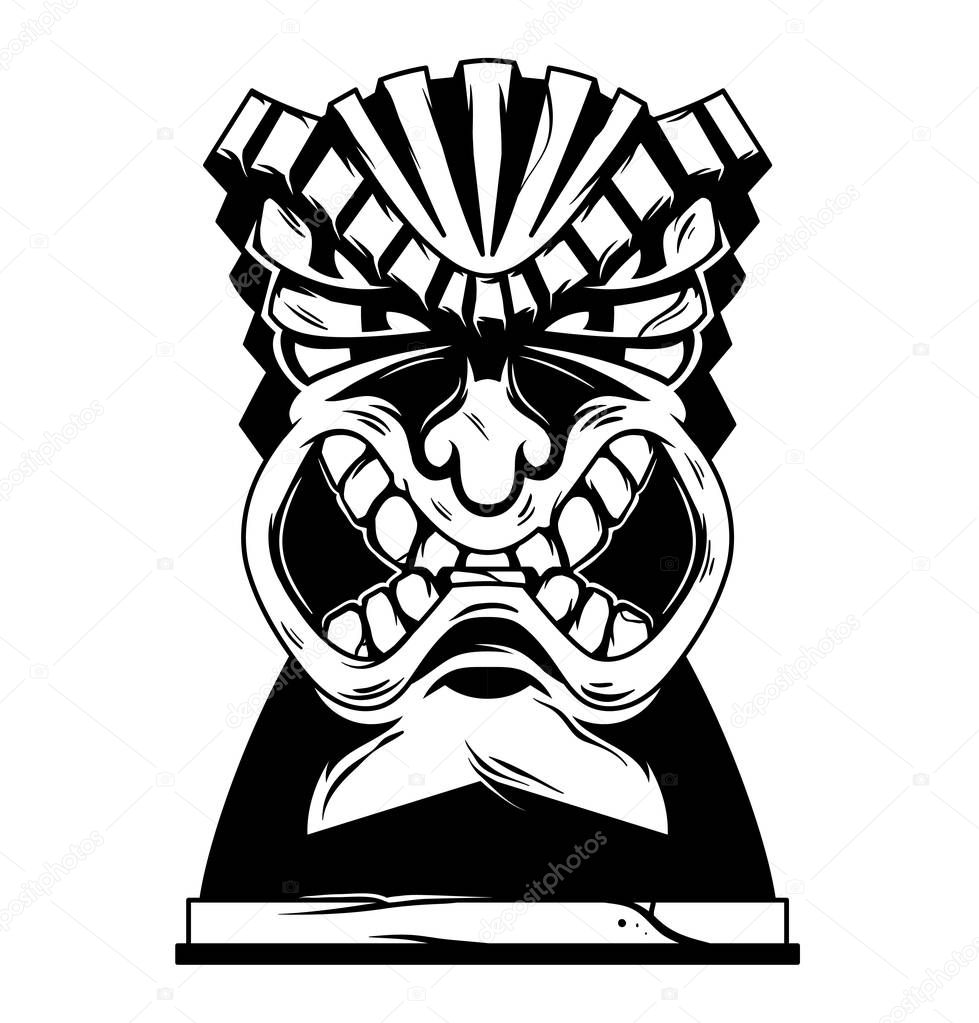 Vintage Hawaii tribal angry tiki mask isolated monochrome vector cartoon character illustration drawing graphic for poster print surfing style design sticker t shirt.