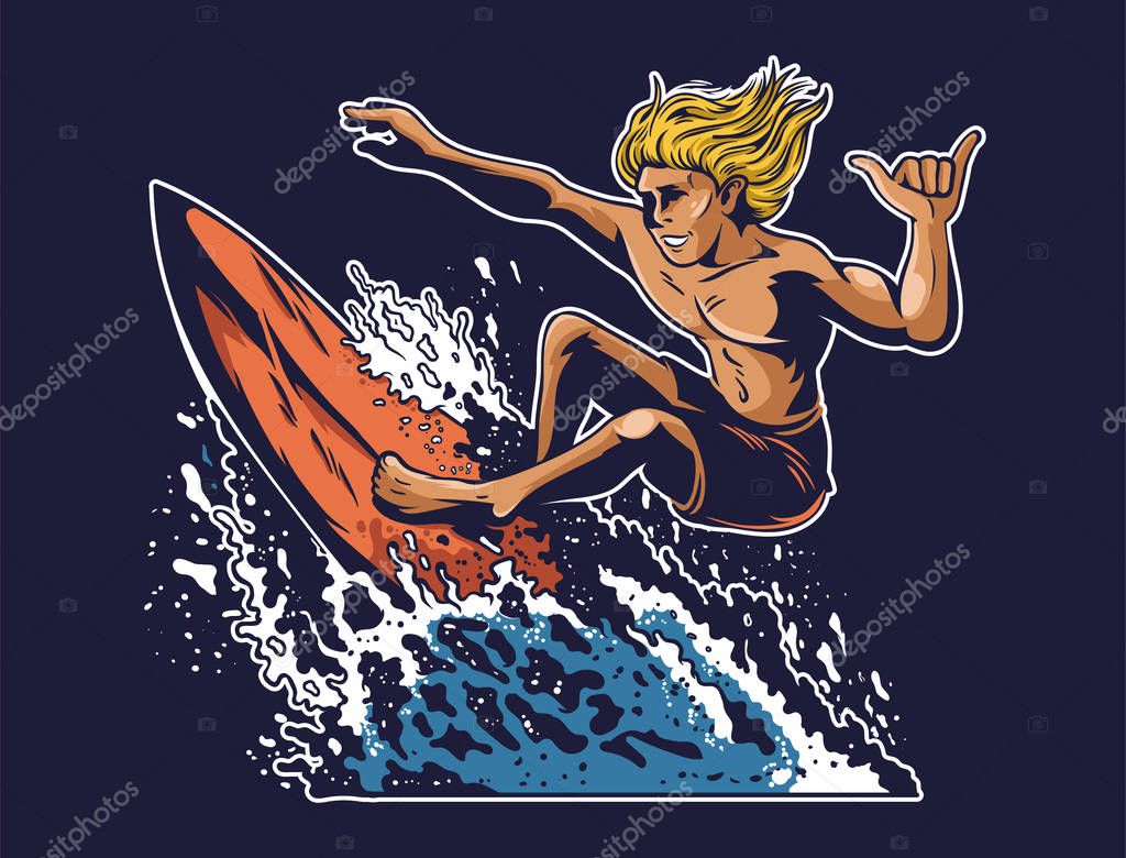 Young crazy man surfer which surfing on big good blue wave in beautiful place between ocean sea summer beach with palm and hot sun. Vintage poster style. Modern vector illustration cartoon character