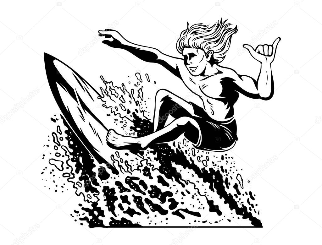 Young crazy man surfer which surfing on big good blue wave in beautiful place between ocean sea summer beach with palm and hot sun. Vintage poster style. Modern vector illustration cartoon character