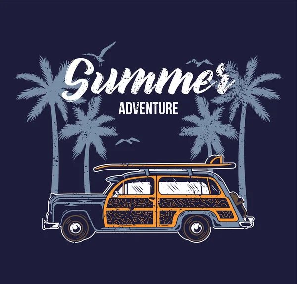 Coche vintage para viajes de surf de verano — Vector de stock