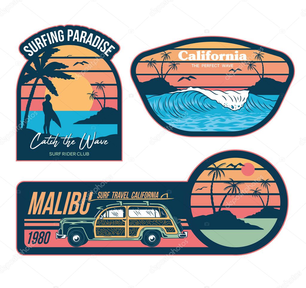Set vintage emblems graphic design illustrations with fashion prints on t shirt clothes stickers patches poster. California summer holiday style with waves surfing palms trendy phrases old travel cars
