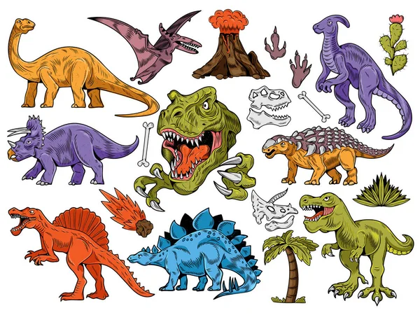 Conjunto de colección de dinosaurios de grabado — Vector de stock