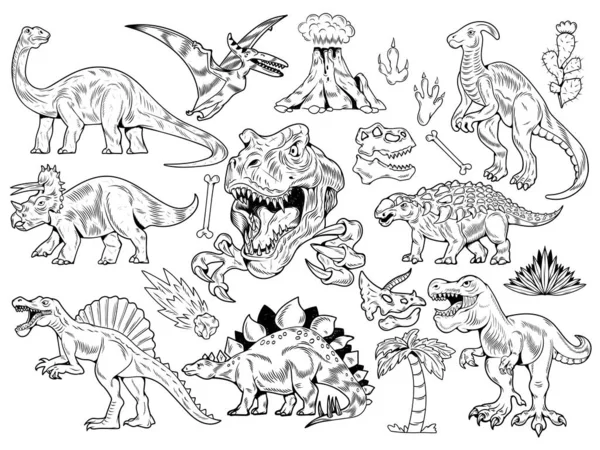 Set collection bundle of engraving dinosaurs — Stock Vector