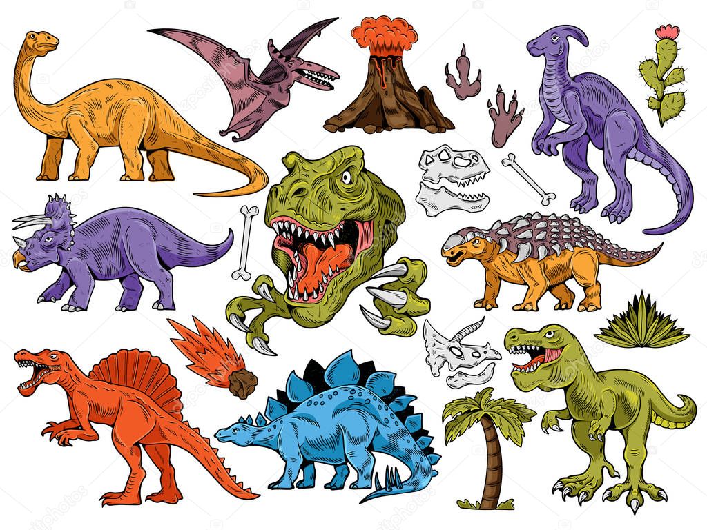 Set collection bundle of engraving dinosaurs