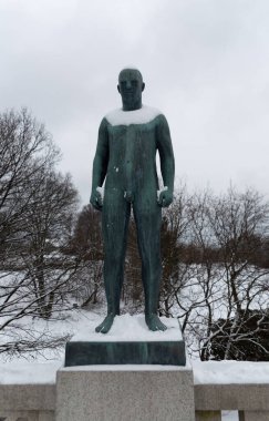 Snow-covered Vigeland Sculpture Park in Oslo. Norway. 01.2018
