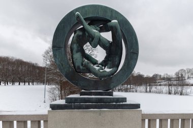 Snow-covered Vigeland Sculpture Park in Oslo. Norway. 01.2018