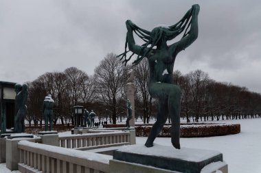 Snow-covered Vigeland Sculpture Park in Oslo. Norway. 01.2018