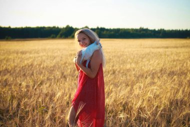 onun kollarında bir köpek tutarak gün batımında buğday alanında sarışın kız